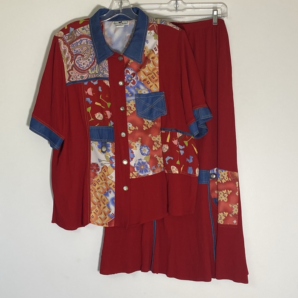 Vintage Tommy N LouLou Skirt Set Womens 1X Red Multi Denim Patchwork Art to Wear